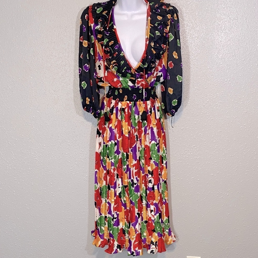 VTG 80s Indigo Lite Smocked Waist Floral Pleated Dress Multicolor Statement | OS